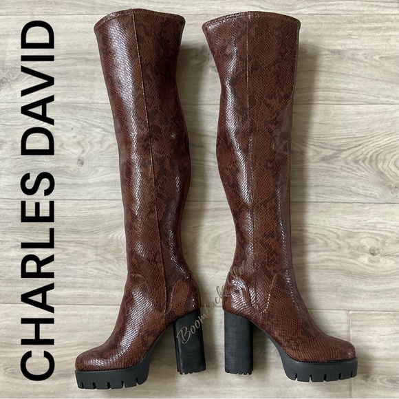 Charles David Warning Snake-Print Over The Knee Platform Boots Lug Sol… - Picture 6 of 16